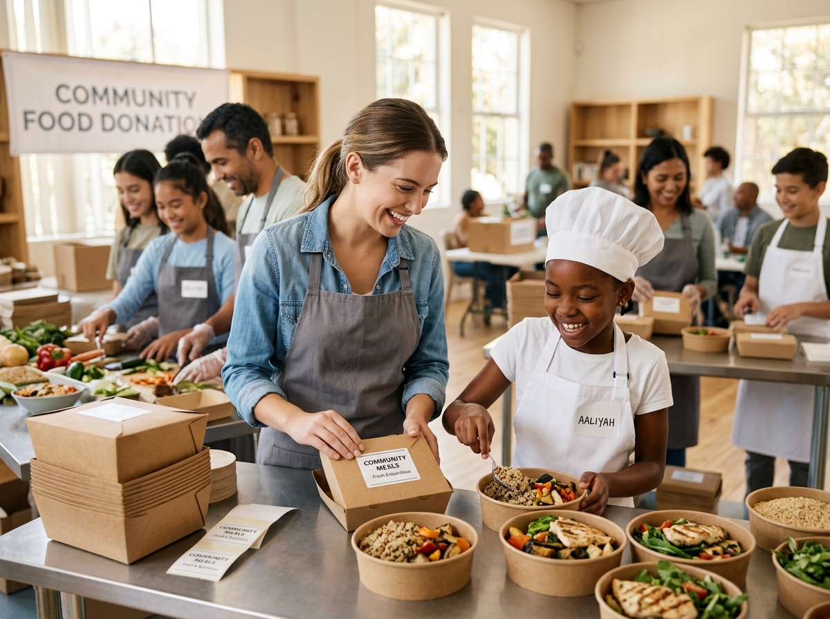 Community volunteers and chefs preparing meal packages